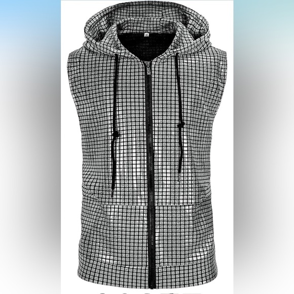 HIGAKI Other - Metallic Silver Grid Sequin Hooded Disco Vest with Zip Up and Pockets
